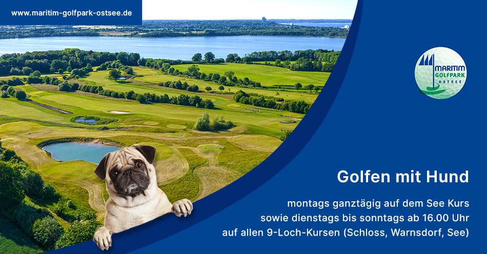 Ankündigung Golfen mit Hund auf allen Kursen / Luftaufnahme Schloss - und Warnsdorf Kurs